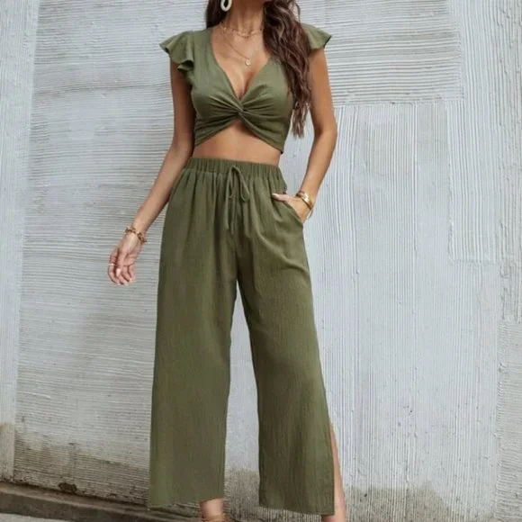 OLIVE Ruffle Trim Twist Top With Pants - Picture 9 of 12